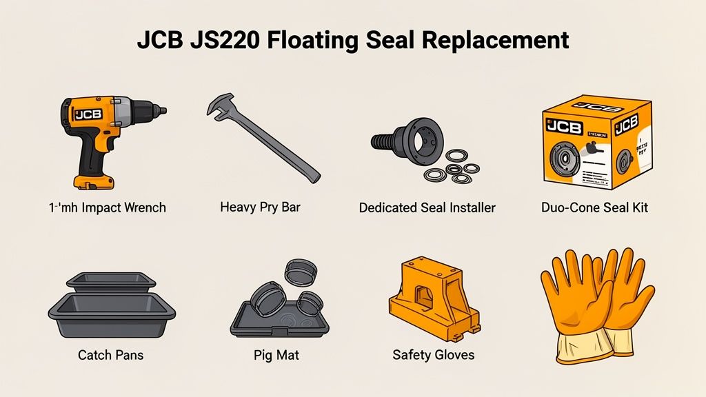 An illustration showing tools and parts for JCB JS220 floating seal replacement, including an impact wrench, seal kit, and safety gloves.
