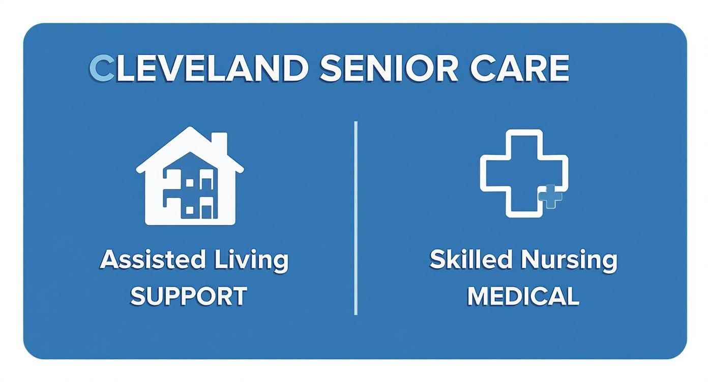 Blue sign for Cleveland Senior Care detailing assisted living support and skilled nursing medical services with icons.