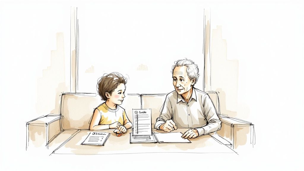 A senior woman and her adult daughter smiling and talking on a couch.