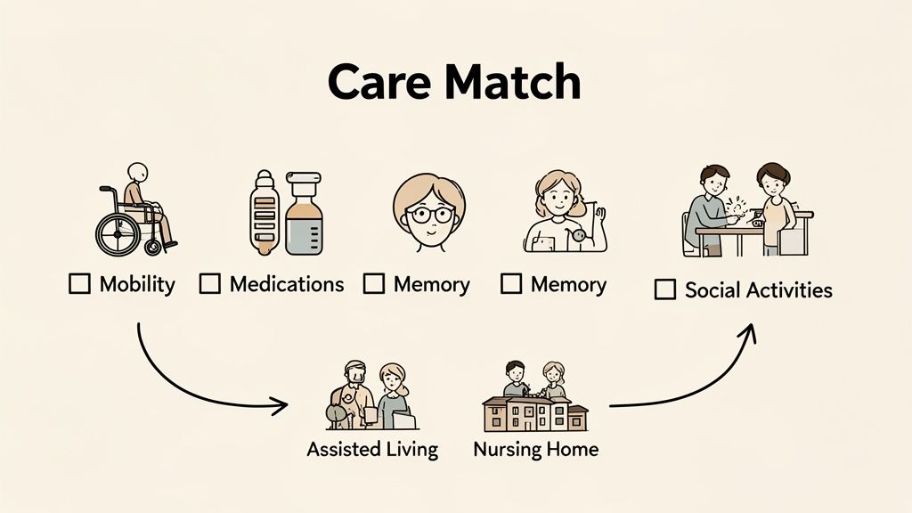 Care Match diagram illustrating senior care needs like mobility and memory, linked to Assisted Living and Nursing Home options.
