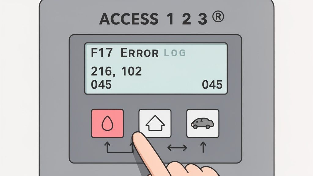 A finger presses a button on a control panel displaying an F17 error log and numeric codes.