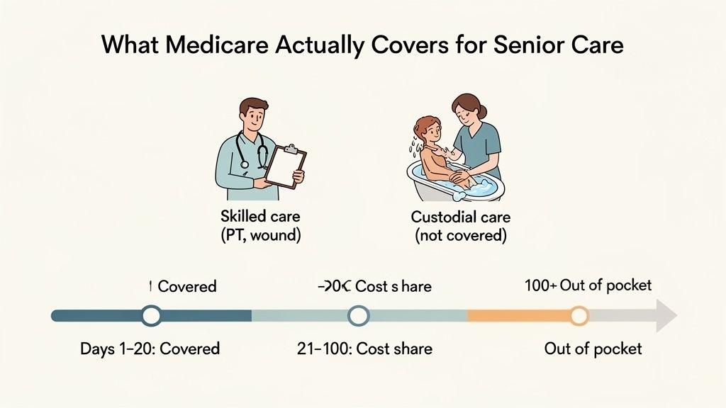 Visual guide to Medicare coverage for senior care, detailing skilled care vs. custodial care and coverage periods.