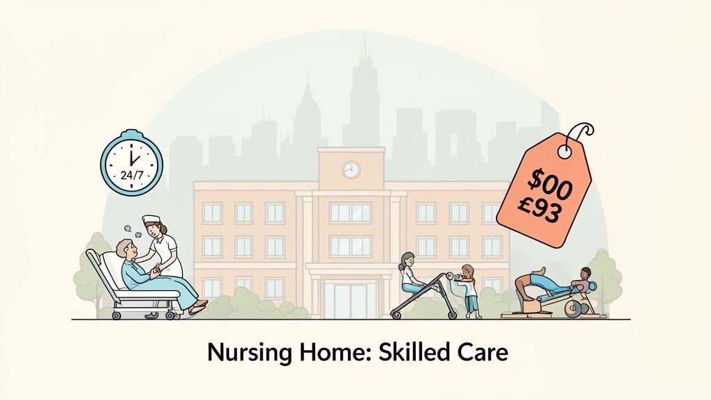 Illustration of a nursing home providing skilled 24/7 care, featuring a nurse, patients, and a price tag.