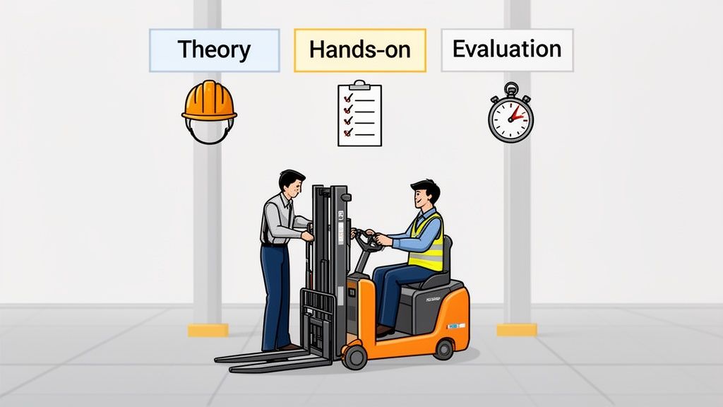 Illustration showing a three-stage forklift training program: theory, hands-on practice, and evaluation.