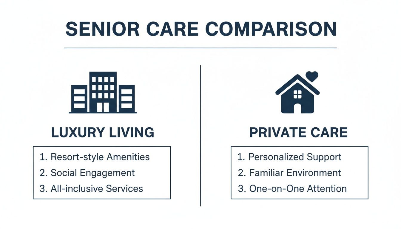 Comparison of senior care options: Luxury Living (resort amenities, social engagement) vs. Private Care (personalized support, familiar environment).