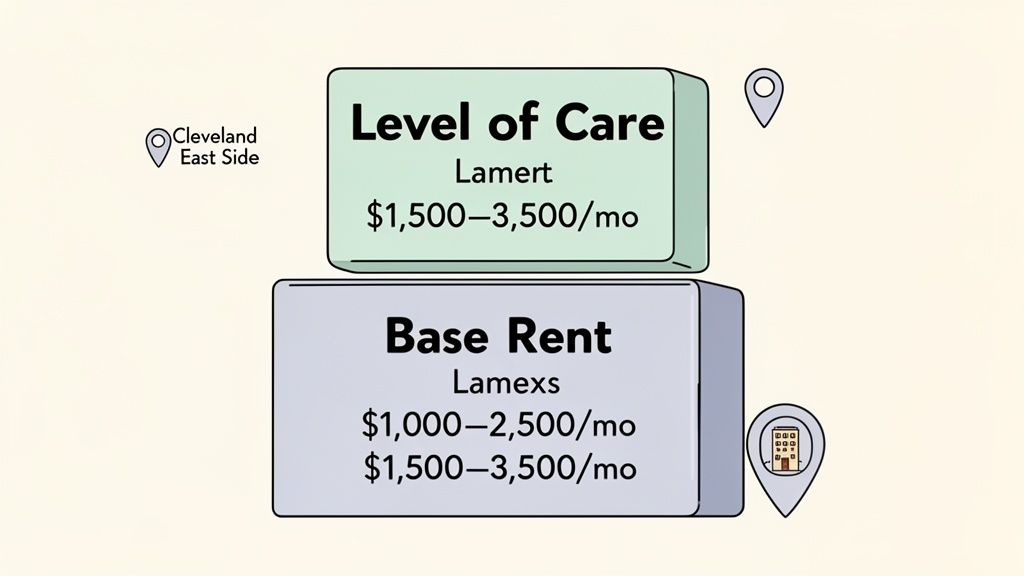 Pricing details for Cleveland East Side, showing monthly costs for Level of Care and Base Rent.