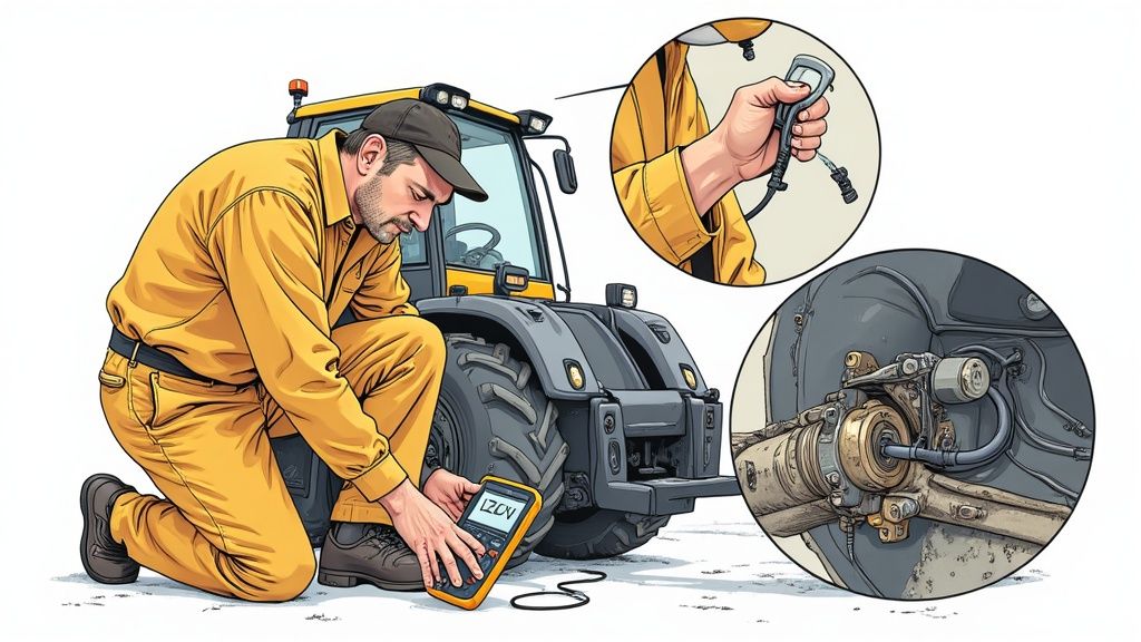 A mechanic in yellow overalls diagnoses a tractor's parking brake issue using a handheld device.