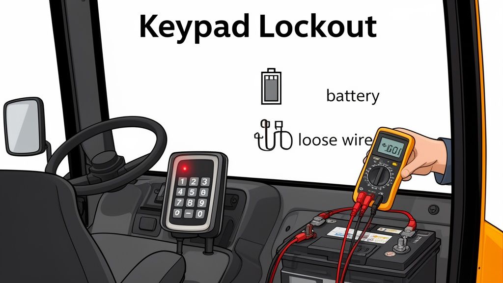 A hand holds a multimeter measuring a vehicle battery, next to a keypad lockout device.