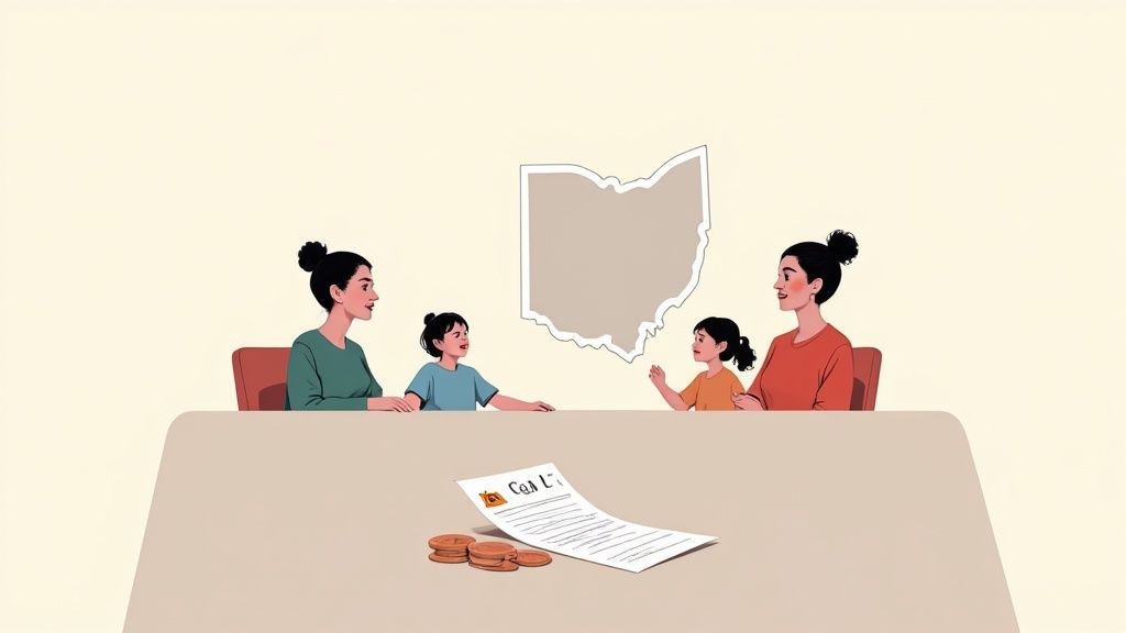 Illustration of two families planning finances with an Ohio map and documents on a table.