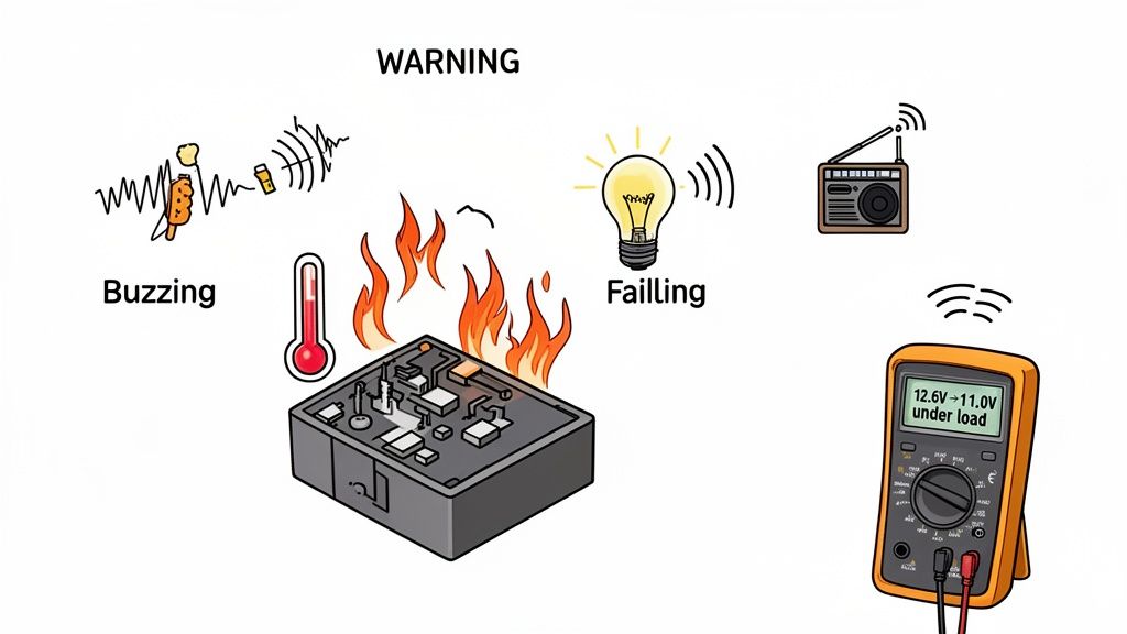 Illustration depicting common warning signs of electronic device failure, including buzzing, overheating, fire, light failure, radio interference, and voltage drop.