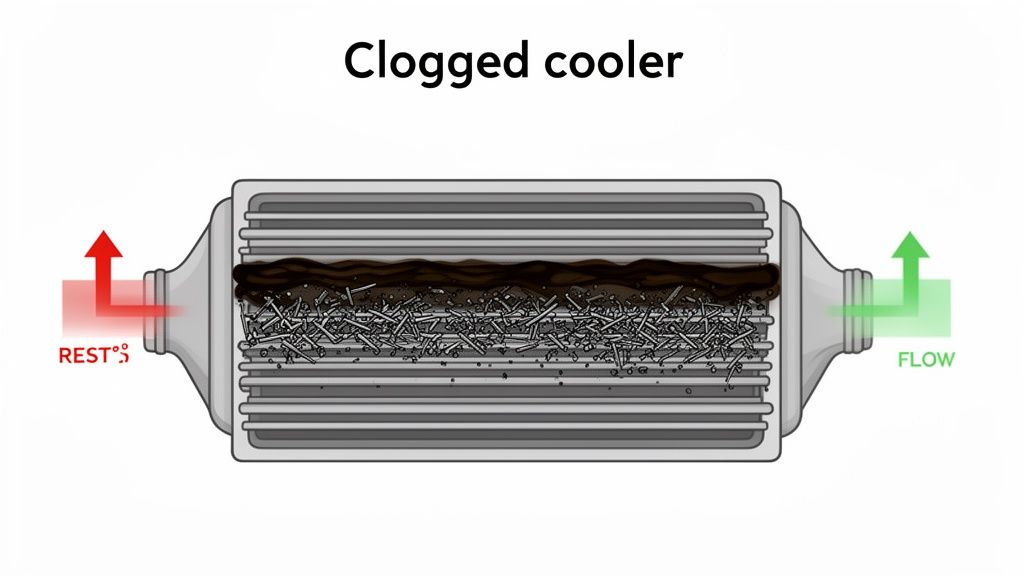Illustration of a clogged cooler showing dark sludge and debris restricting fluid flow.