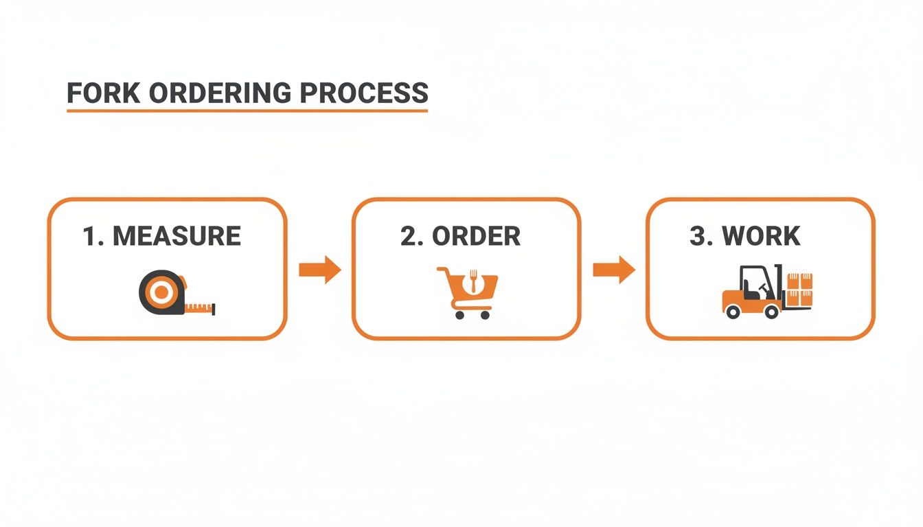 An infographic detailing the three-step forklift fork ordering process: Measure, Order, Work, with relevant icons.
