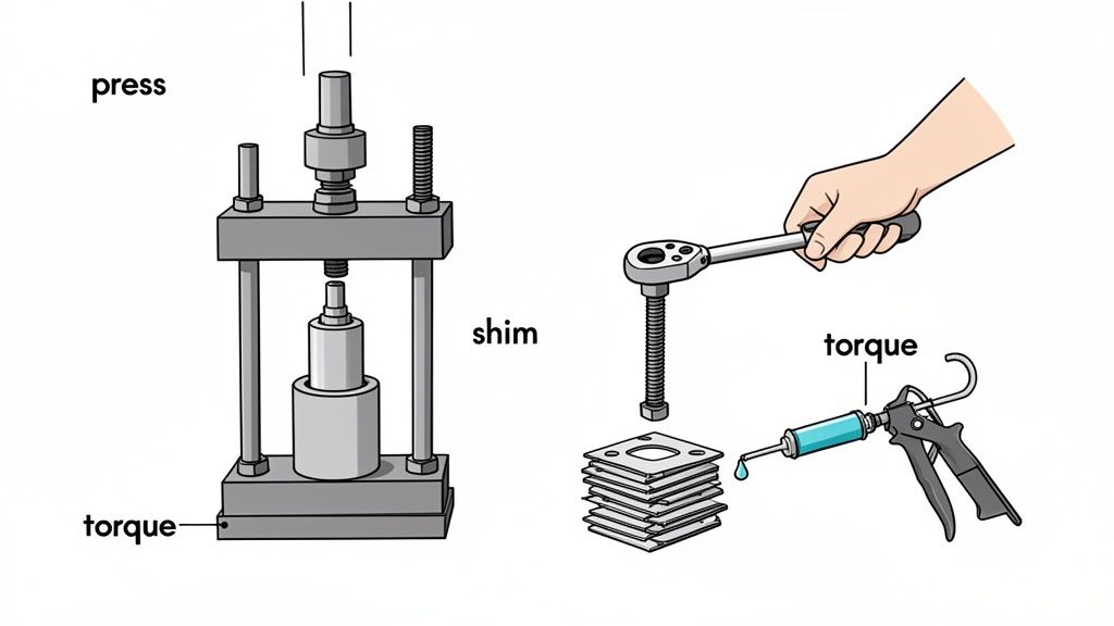 Illustration depicting various mechanical tools: a press, shims, a torque wrench, and a grease gun applying lubricant.