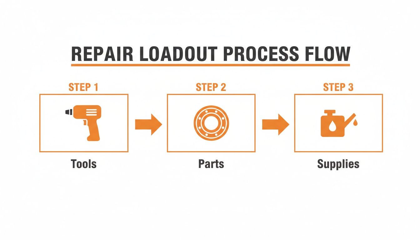A repair loadout process flow diagram showing three steps: tools, parts, and supplies.