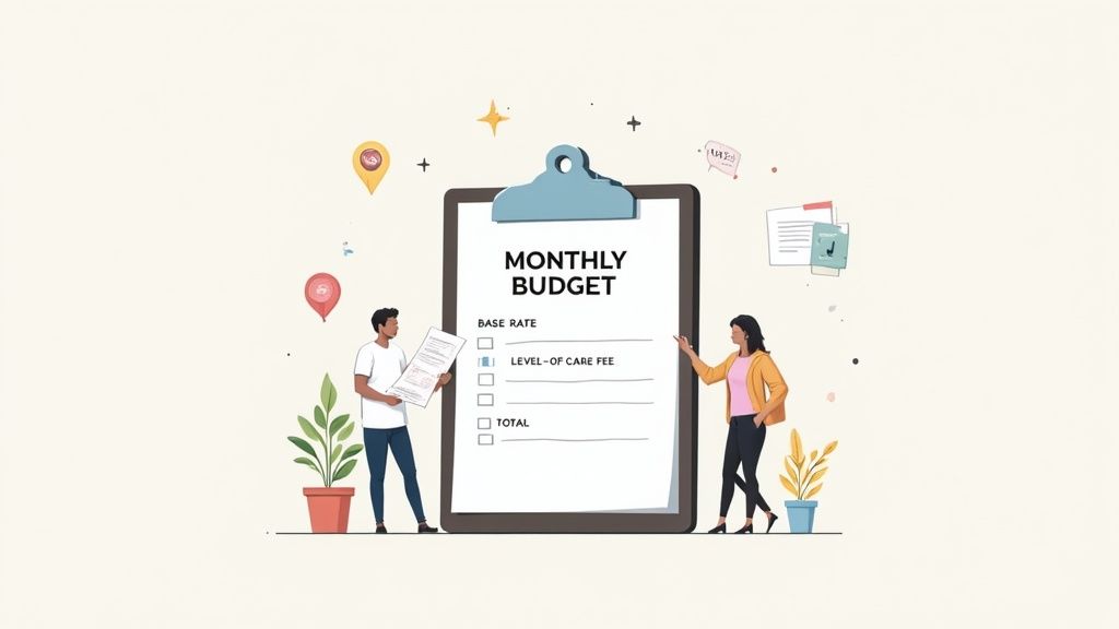 Two people discussing a monthly budget for senior living costs on a large clipboard.
