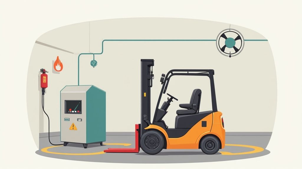 An electric forklift is being charged in a safe industrial environment with a fire extinguisher and ventilation fan.