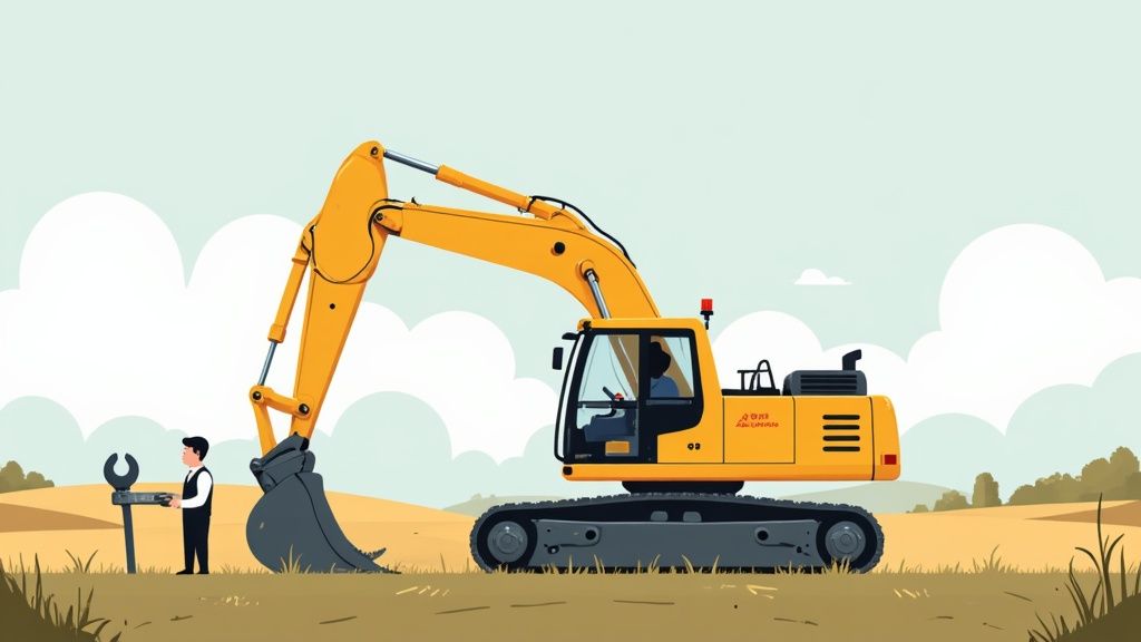 An illustration of a yellow excavator with an operator, and a technician examining the bucket.