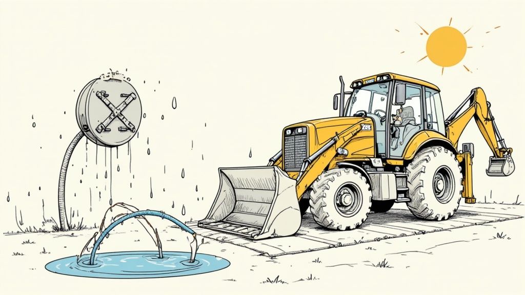 A JCB backhoe loader observes a corroded electrical connector leaking water onto a pipe structure and puddle.