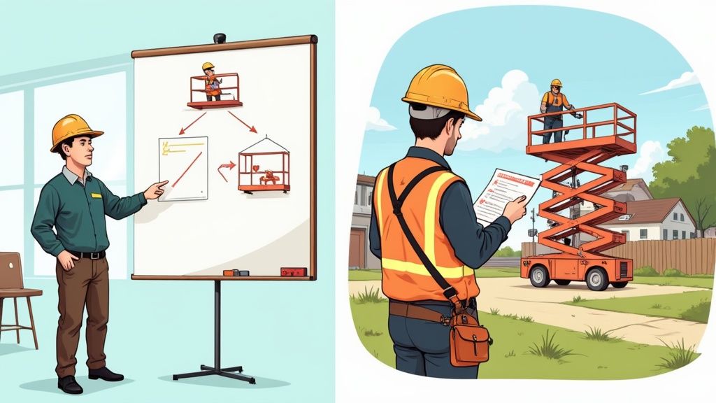 Construction worker receiving aerial lift safety training instruction and conducting outdoor scissor lift inspection