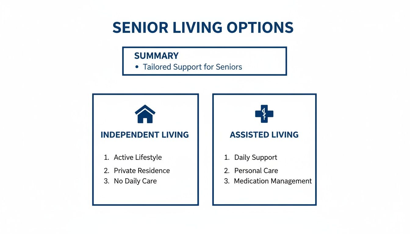 A diagram comparing Independent Living and Assisted Living options for seniors, detailing key features of each.