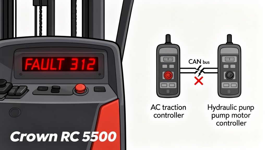 Forklift console displaying FAULT 312, with a diagram showing a broken CAN bus between motor controllers.