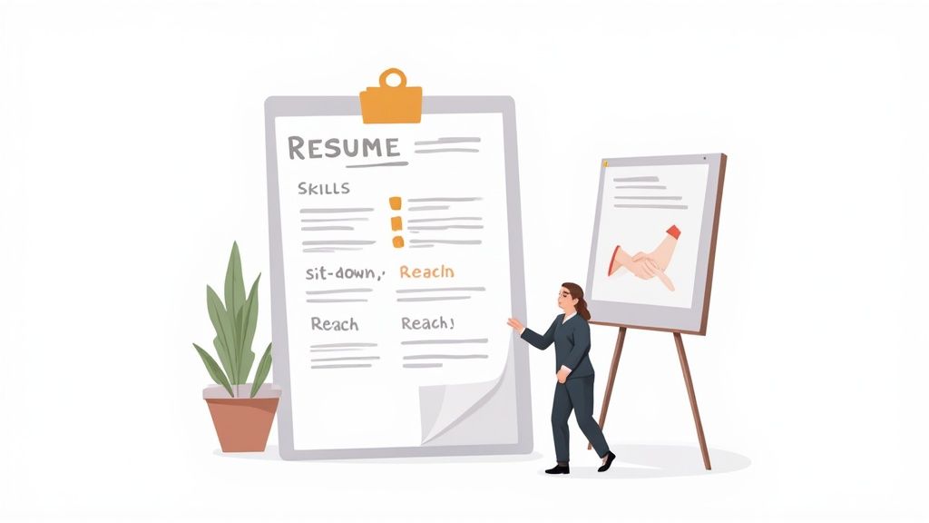 A businesswoman presents a large resume highlighting skills like 'Reach' and 'sit-down', next to a handshake illustration.