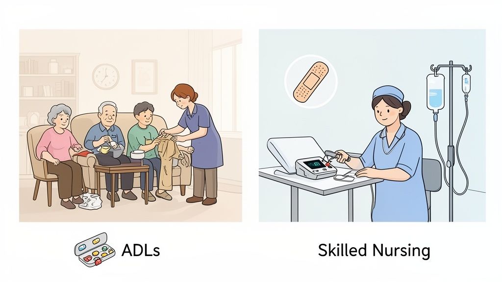 Illustrates care levels: a caregiver assisting with daily living tasks versus a nurse performing skilled medical care.