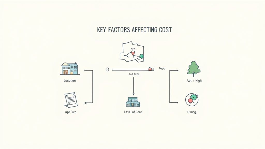 Diagram showing key factors affecting retirement community costs: location, apartment size, level of care, dining, and other fees.