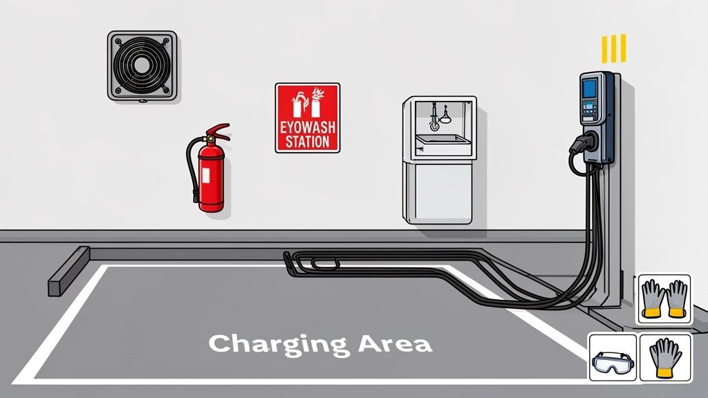 Illustration of an industrial charging area with safety equipment like eyewash station, fire extinguisher, and PPE.