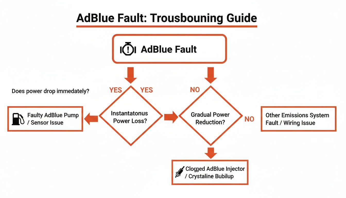 Flowchart detailing AdBlue fault troubleshooting guide, distinguishing between instantaneous and gradual power loss.