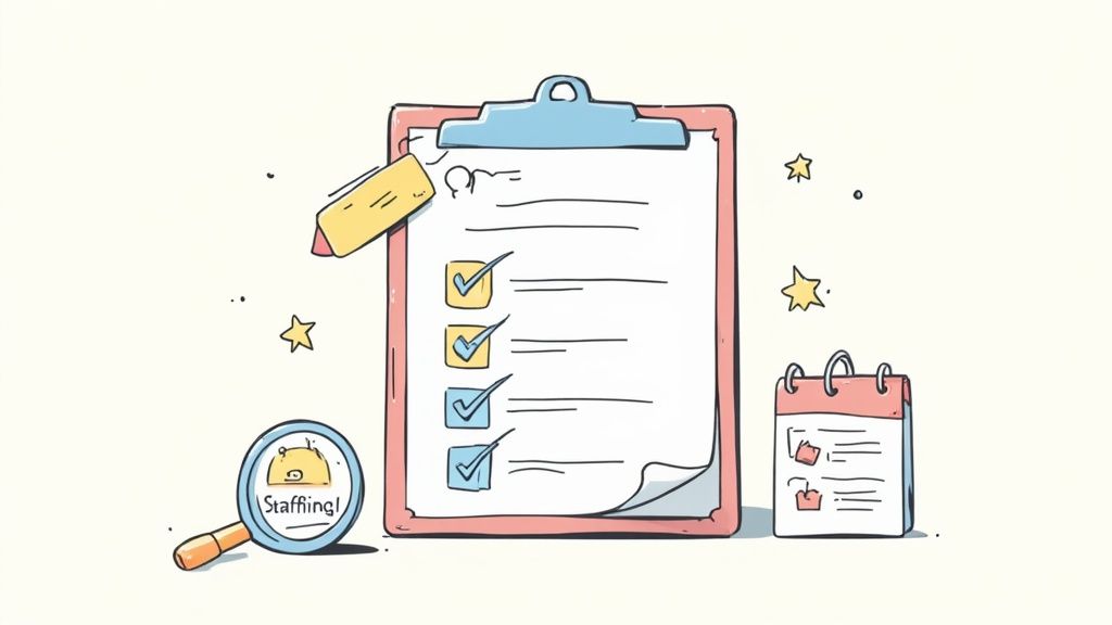 Clipboard with completed checklist, magnifying glass showing staffing icon, and calendar representing senior care planning