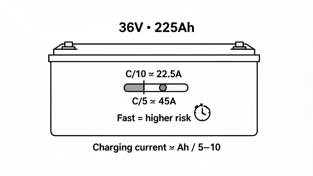 Diagram illustrates optimal and fast charging rates for a 36V 225Ah battery, highlighting risk implications.