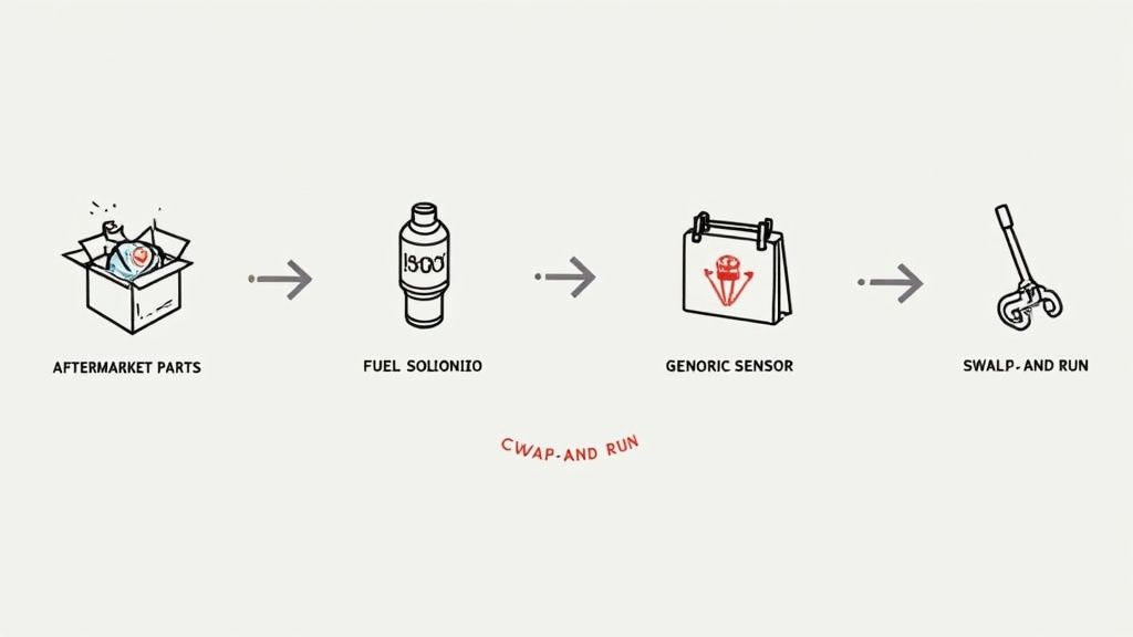 A diagram showing a sequence of aftermarket parts, fuel solenoid, generic sensor, and a swap-and-run tool.