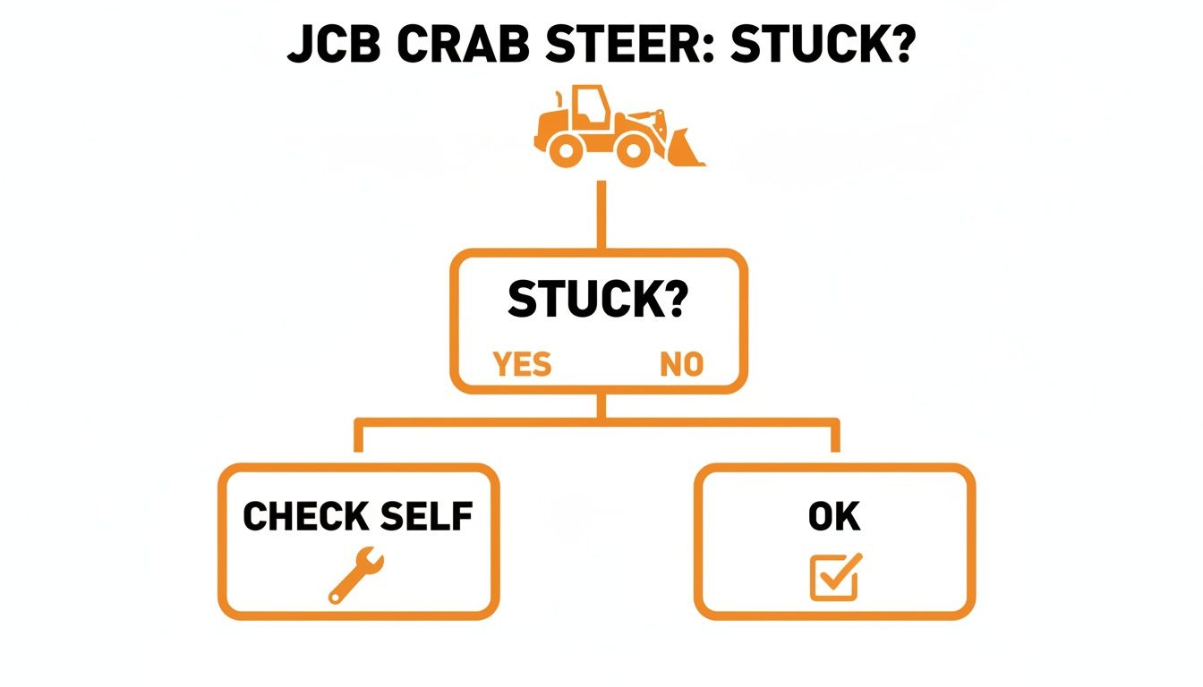 Flowchart for JCB crab steer troubleshooting asking 'Stuck?'. Leads to 'Check self' with a wrench or 'OK' with a checkmark.