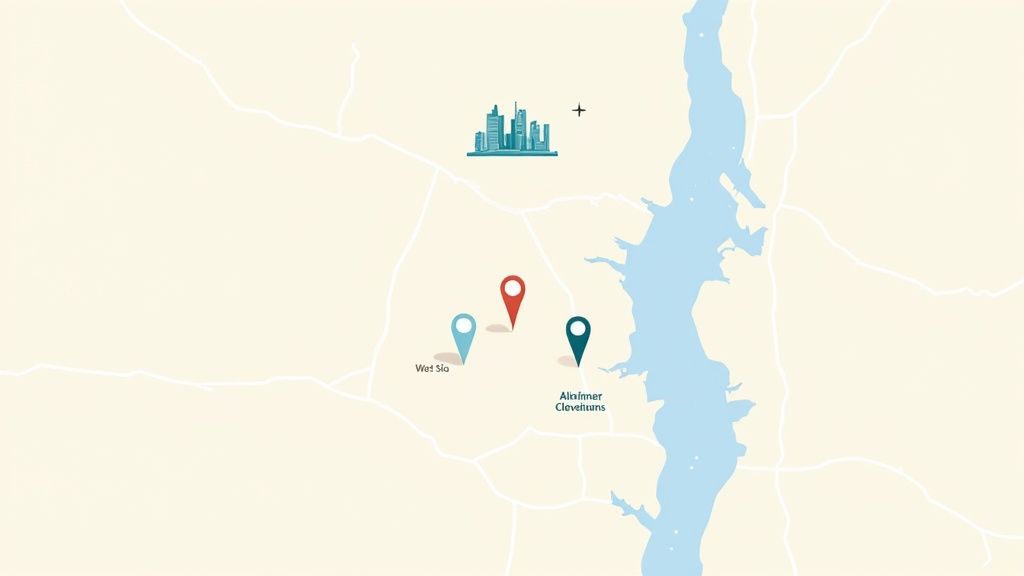 A scenic view of the Cleveland skyline and the Cuyahoga River, representing the local focus of memory care support services.