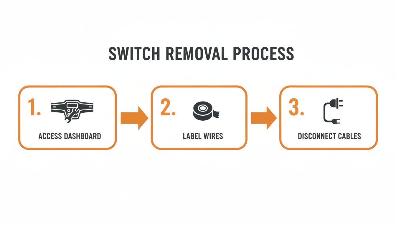 A three-step infographic for switch removal: access dashboard, label wires, and disconnect cables.