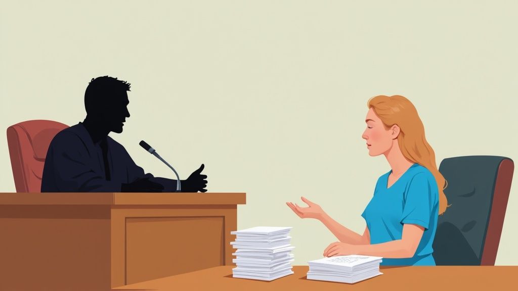 An illustration of a silhouetted man with a microphone and a woman speaking with documents at a table.