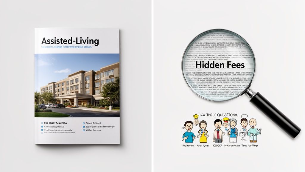 A brochure for assisted living featuring a facility, a magnifying glass on 'Hidden Fees,' and a group of diverse cartoon people asking questions.