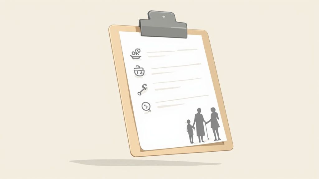 A clipboard with a checklist featuring care icons and silhouettes of a child, adult, and elderly person.