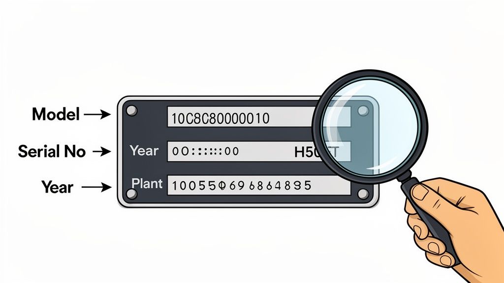 A hand holding a magnifying glass inspects a product label with model, serial number, and year information.