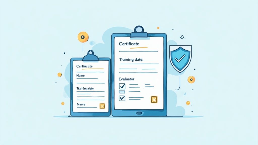 Illustration of two certificate forms on clipboards, detailing names, training dates, and evaluator checks, with a security shield icon.