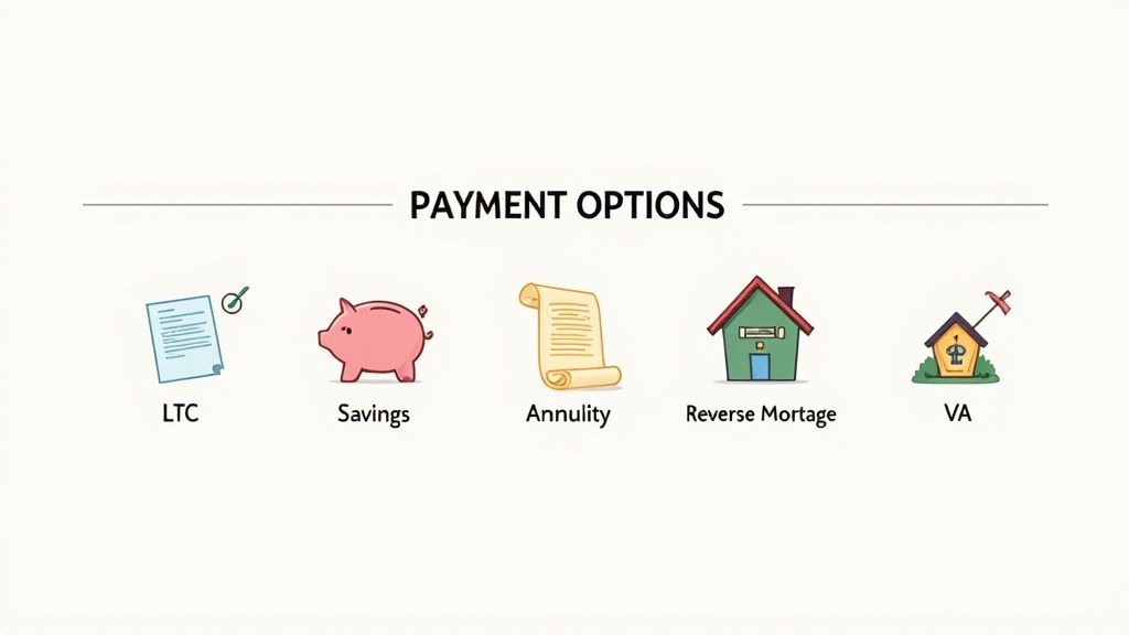 A smiling senior couple reviews financial documents together at a table.
