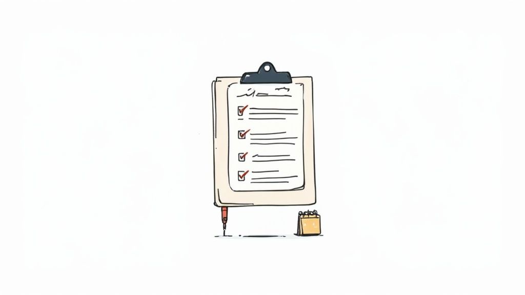 A cartoon illustration of a clipboard with a completed checklist, a pen, and a small calendar.