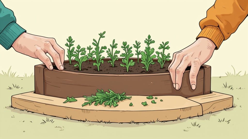 Two hands, one in green and one in orange, are tending to leafy green plants in a raised garden bed.