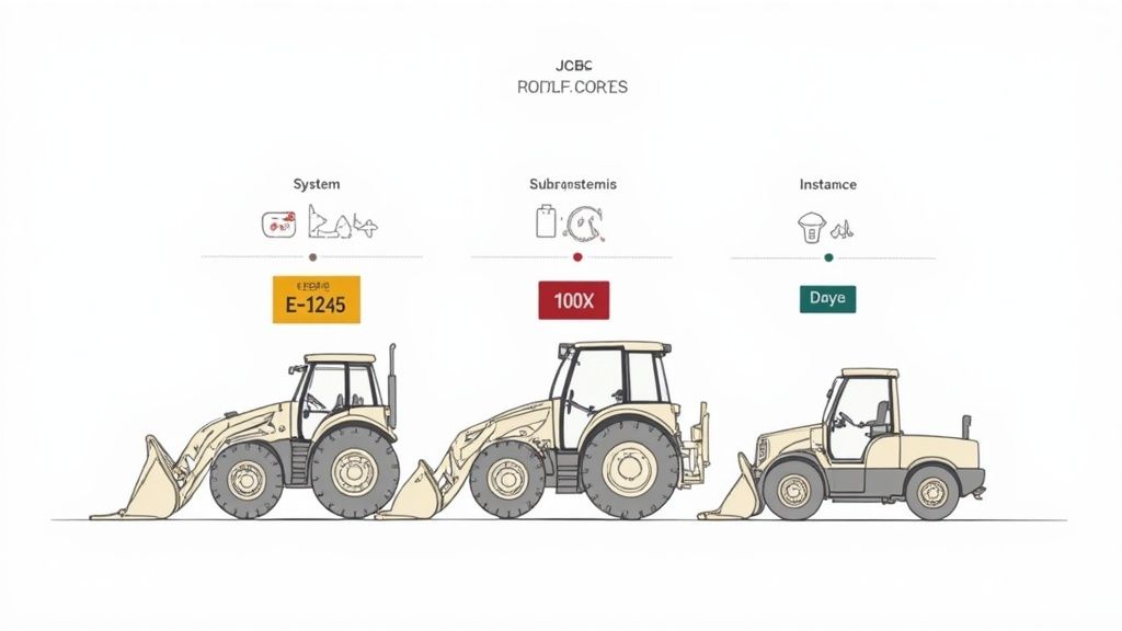 Illustration showing three different JCB-style construction machines, categorized by System, Subranstemis, and Instance.