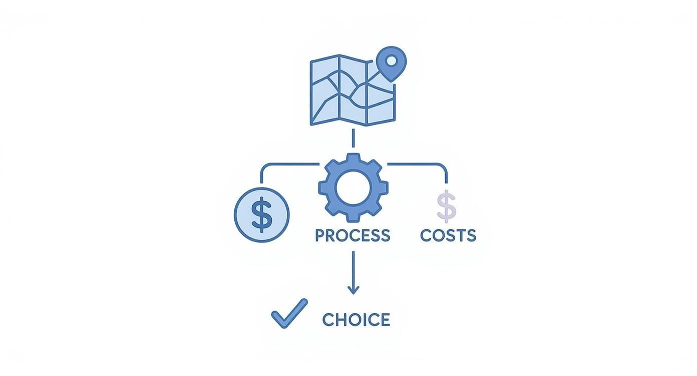 Flowchart illustrating the process of making a choice, considering location, budget, and costs.