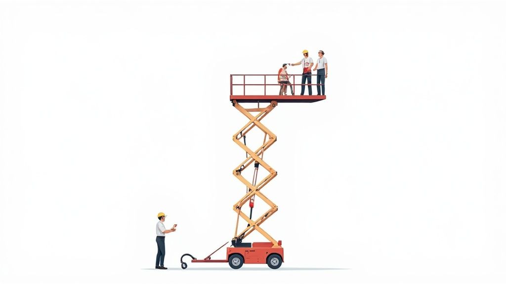 Team of workers operating a scissor lift, with three on platform and one below.