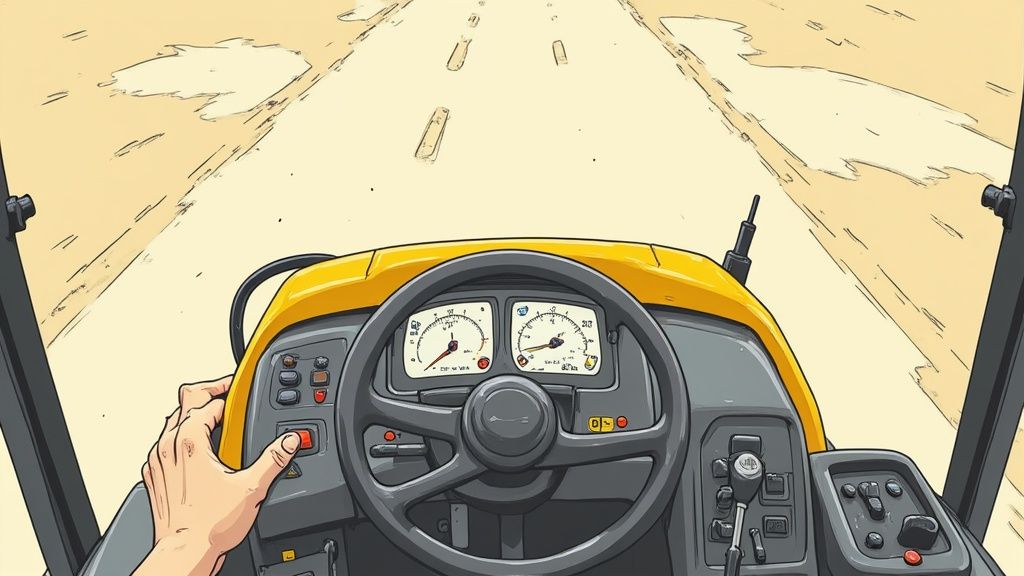 First-person view of a hand operating controls inside a heavy vehicle with a steering wheel on a dirt road.