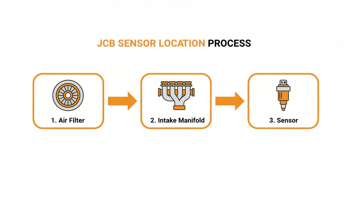 A diagram illustrating the JCB sensor location process, showing steps for Air Filter, Intake Manifold, and Sensor.