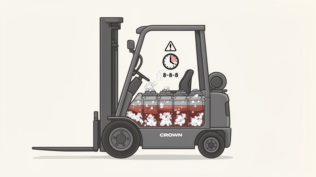Anatomy of a Crown electric forklift battery highlighting water levels and maintenance alerts.